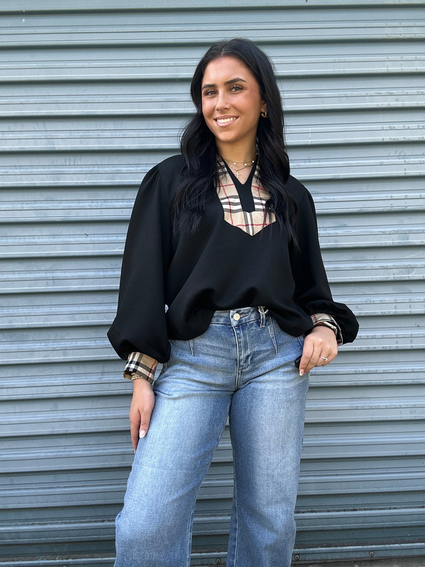 Shadow Plaid Accent Blouse