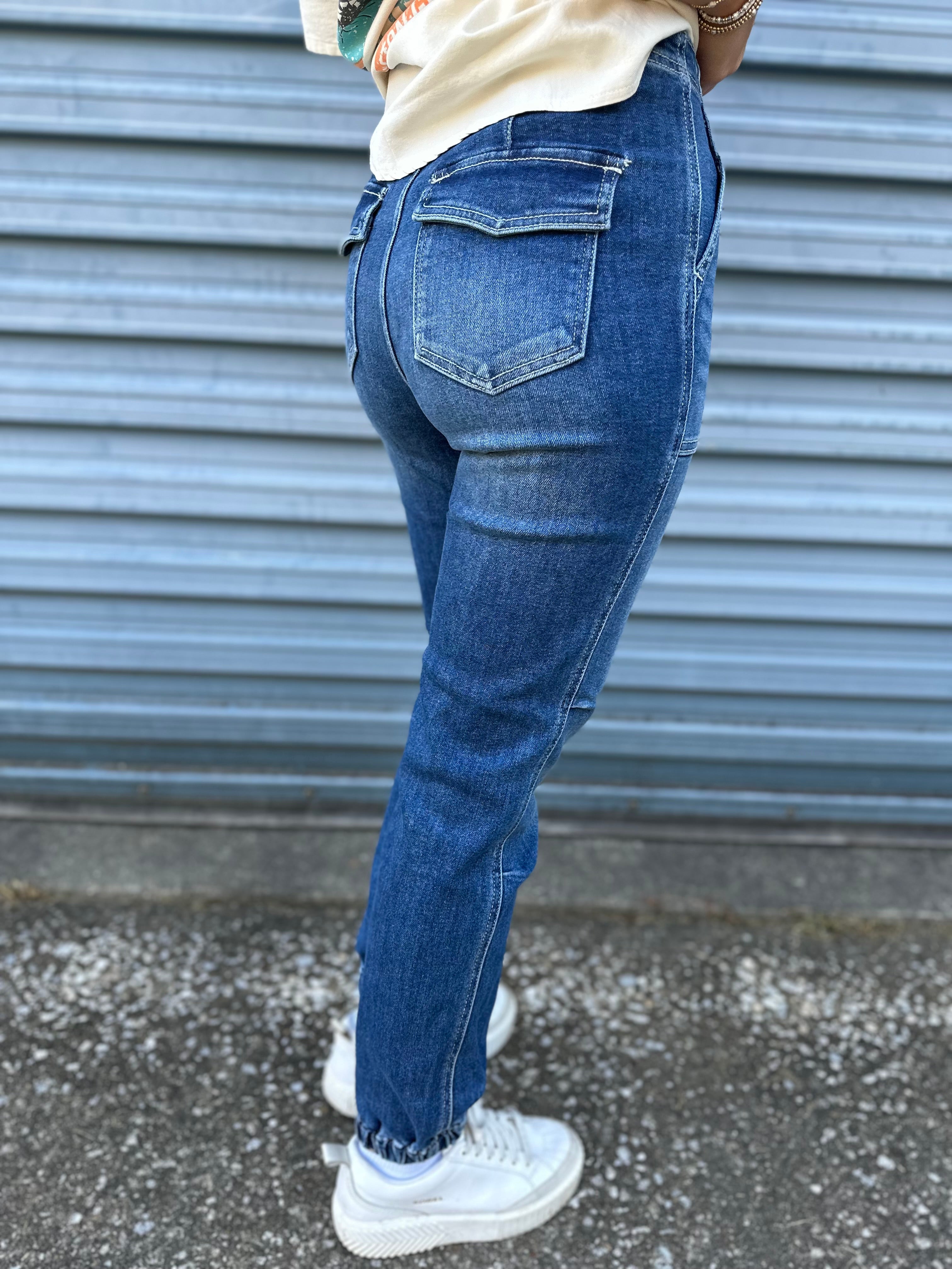 Risen high rise denim ankle jogger