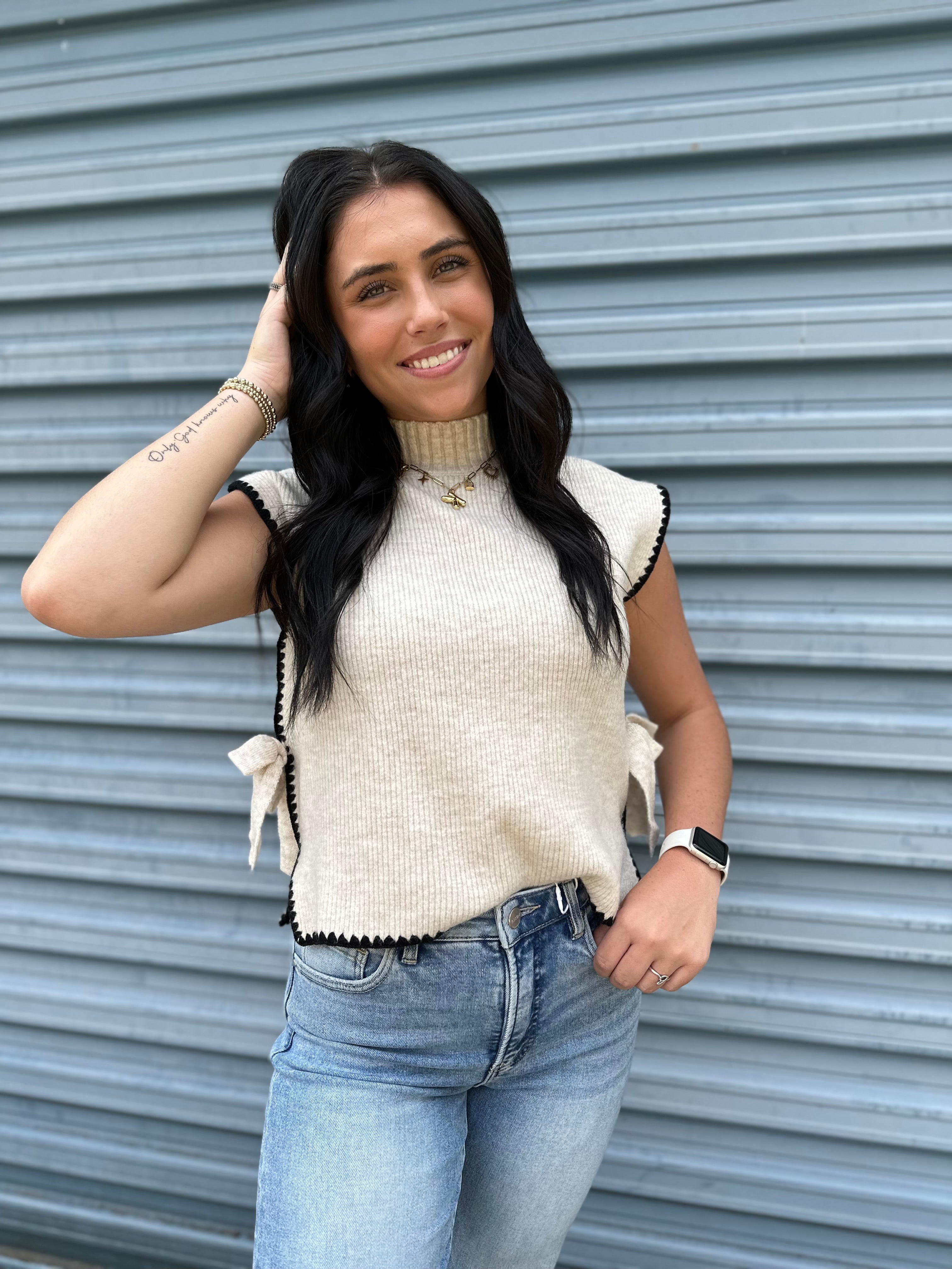 Bow-Accent Sleeveless Sweater