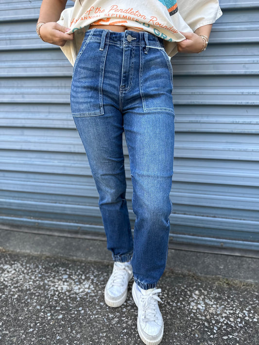 Risen high rise denim ankle jogger