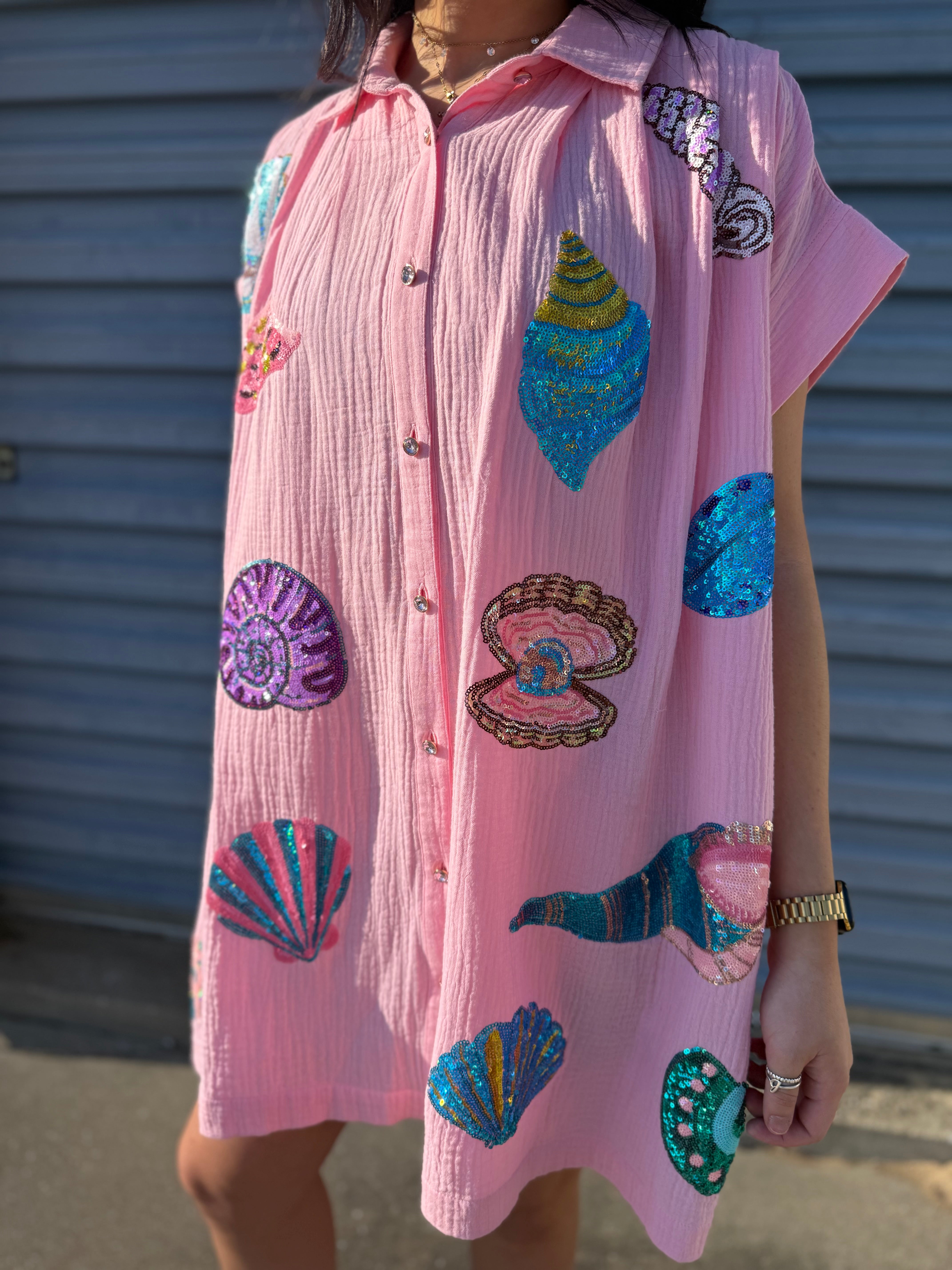 Pink sparkly paradise gauze button down dress - Preorder