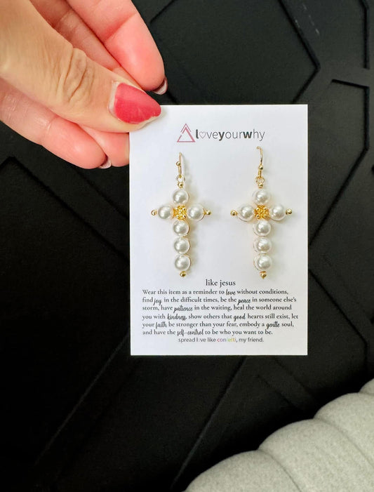 Gold Pearl cross earrings