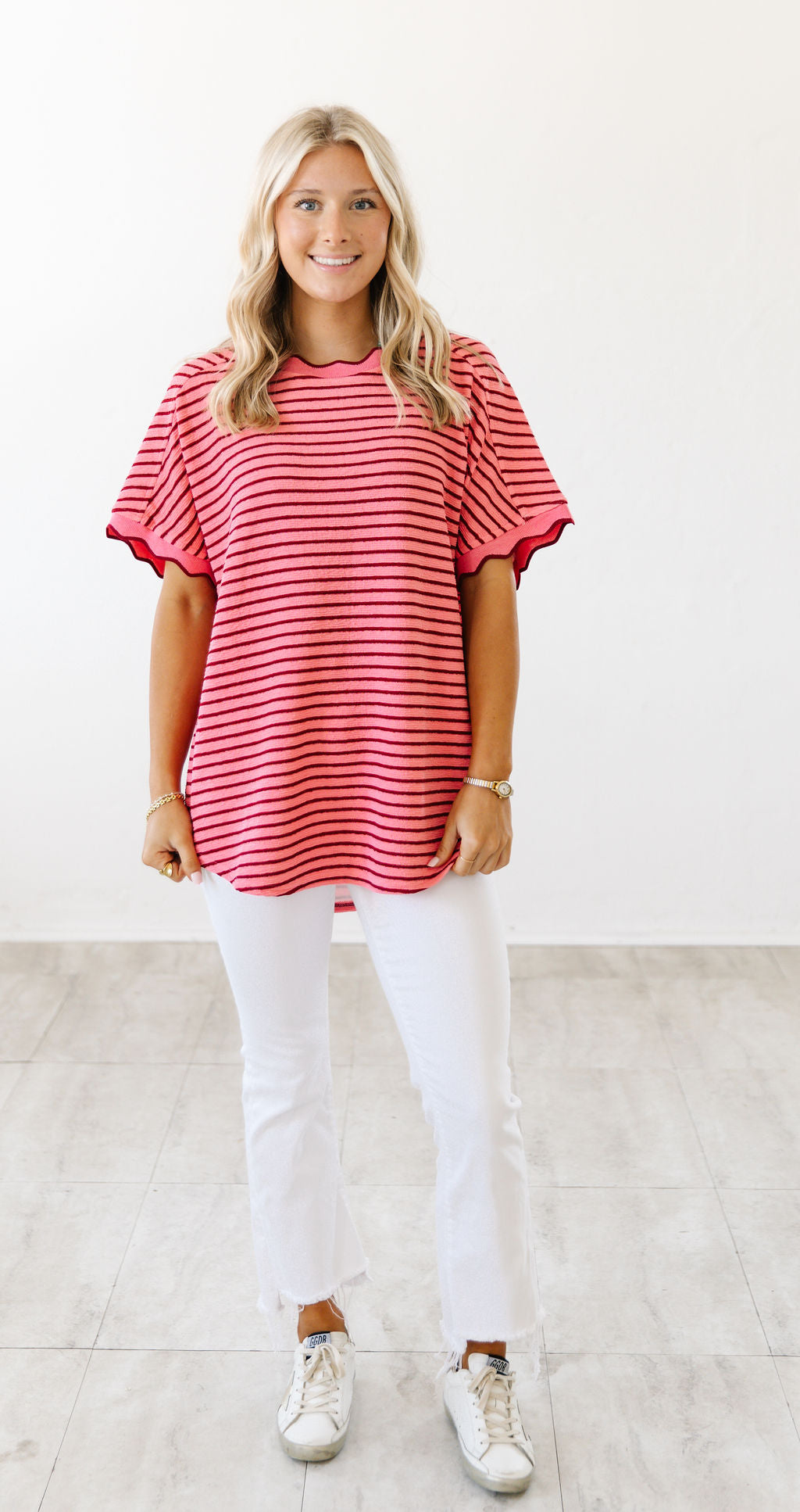 Sweetheart Scallop Stripe Top | Pink
