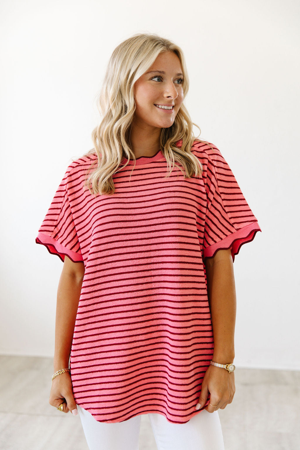 Sweetheart Scallop Stripe Top | Pink