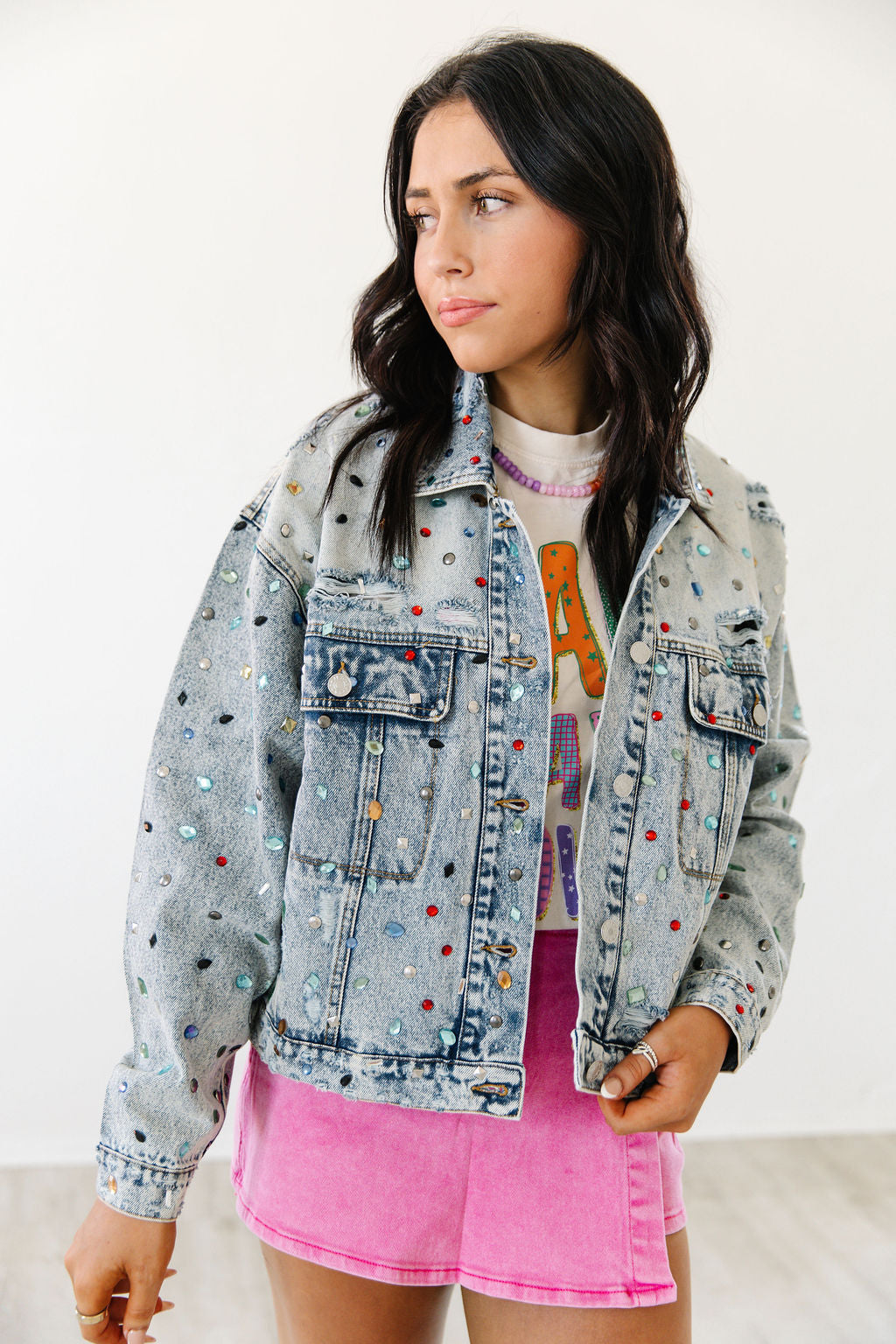 Eliza Distressed Jewel Studded Denim Jacket