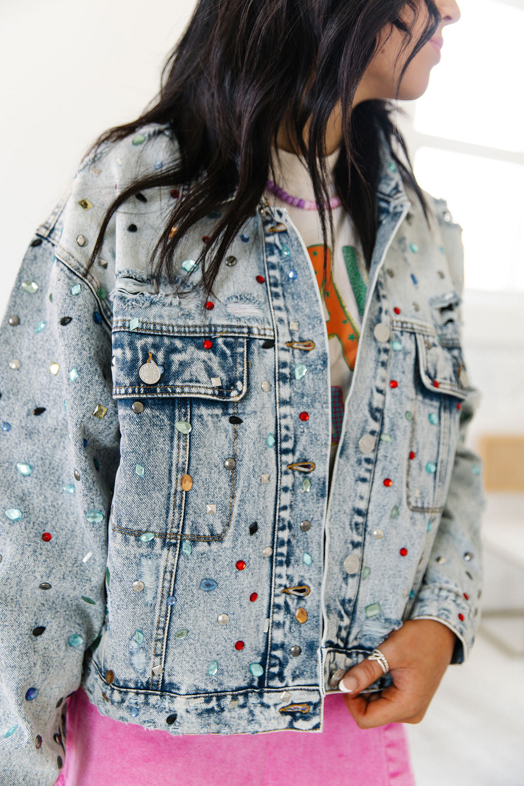 Eliza Distressed Jewel Studded Denim Jacket