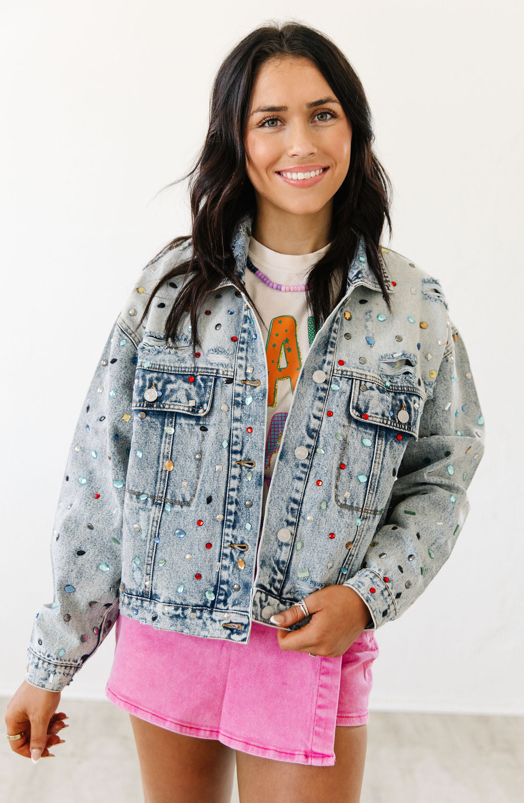 Eliza Distressed Jewel Studded Denim Jacket