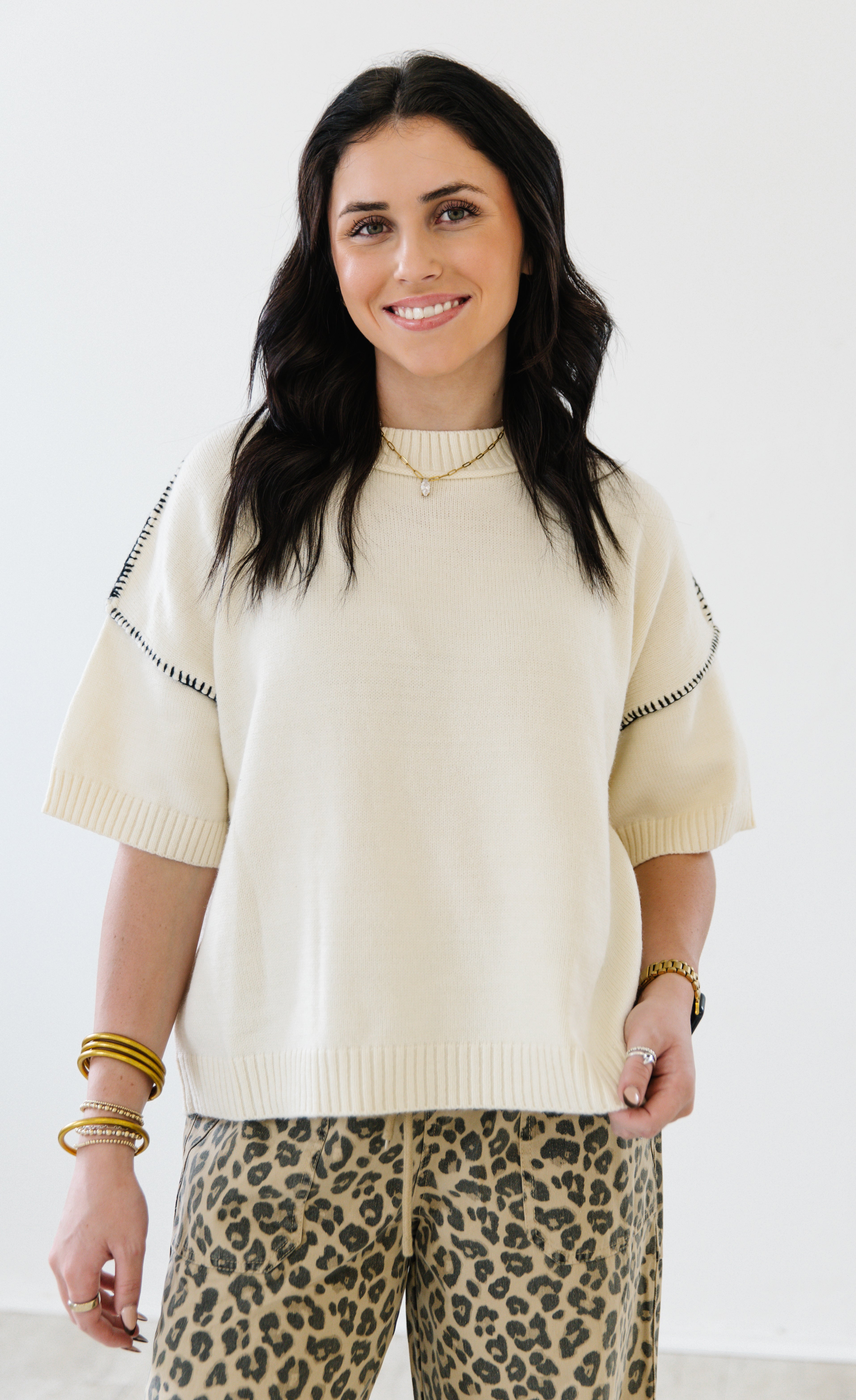 Cozy Contrast Stitch Sweater | Oatmeal/Black