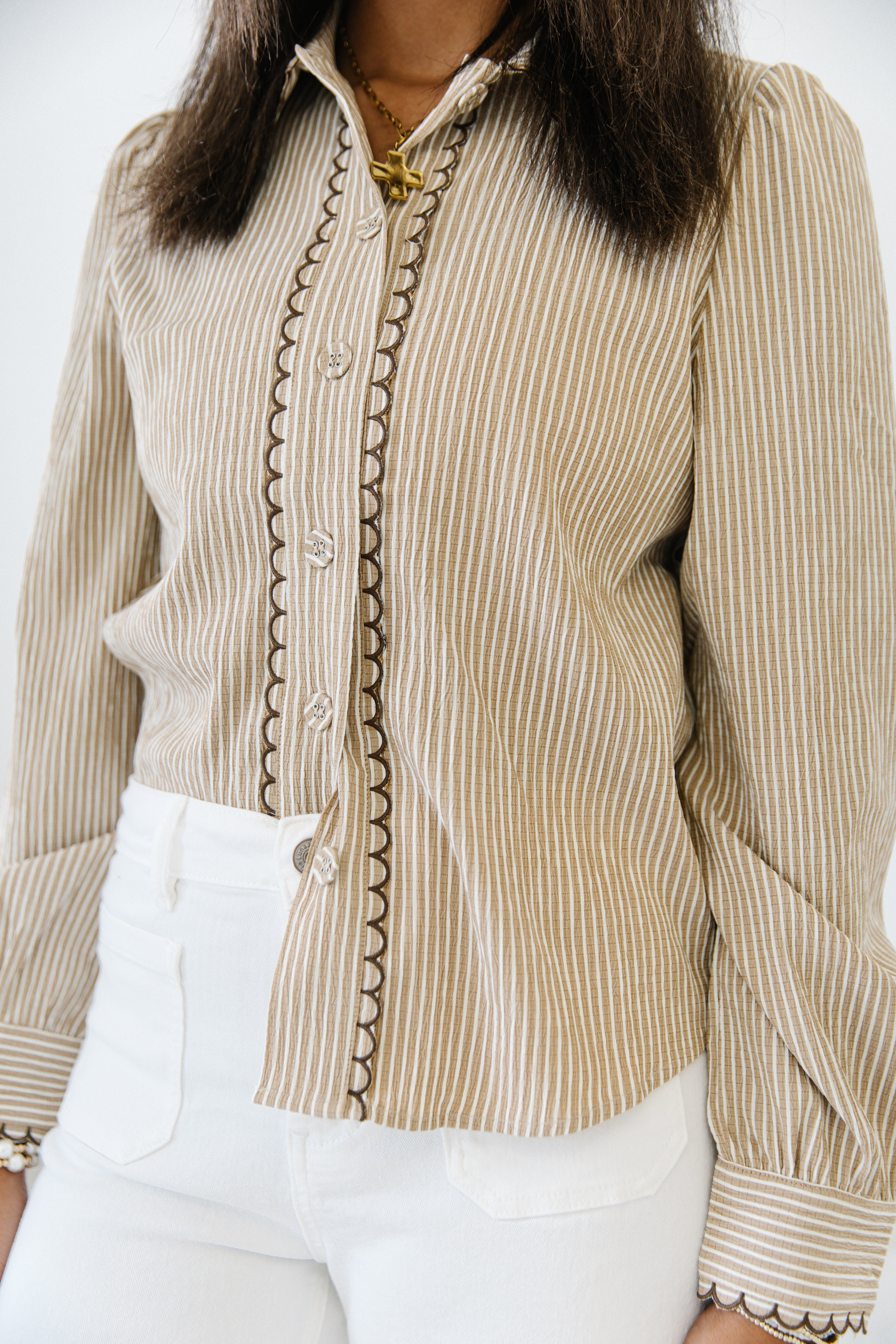 Sunday Stroll Pin Stripe Blouse | Taupe/ivory