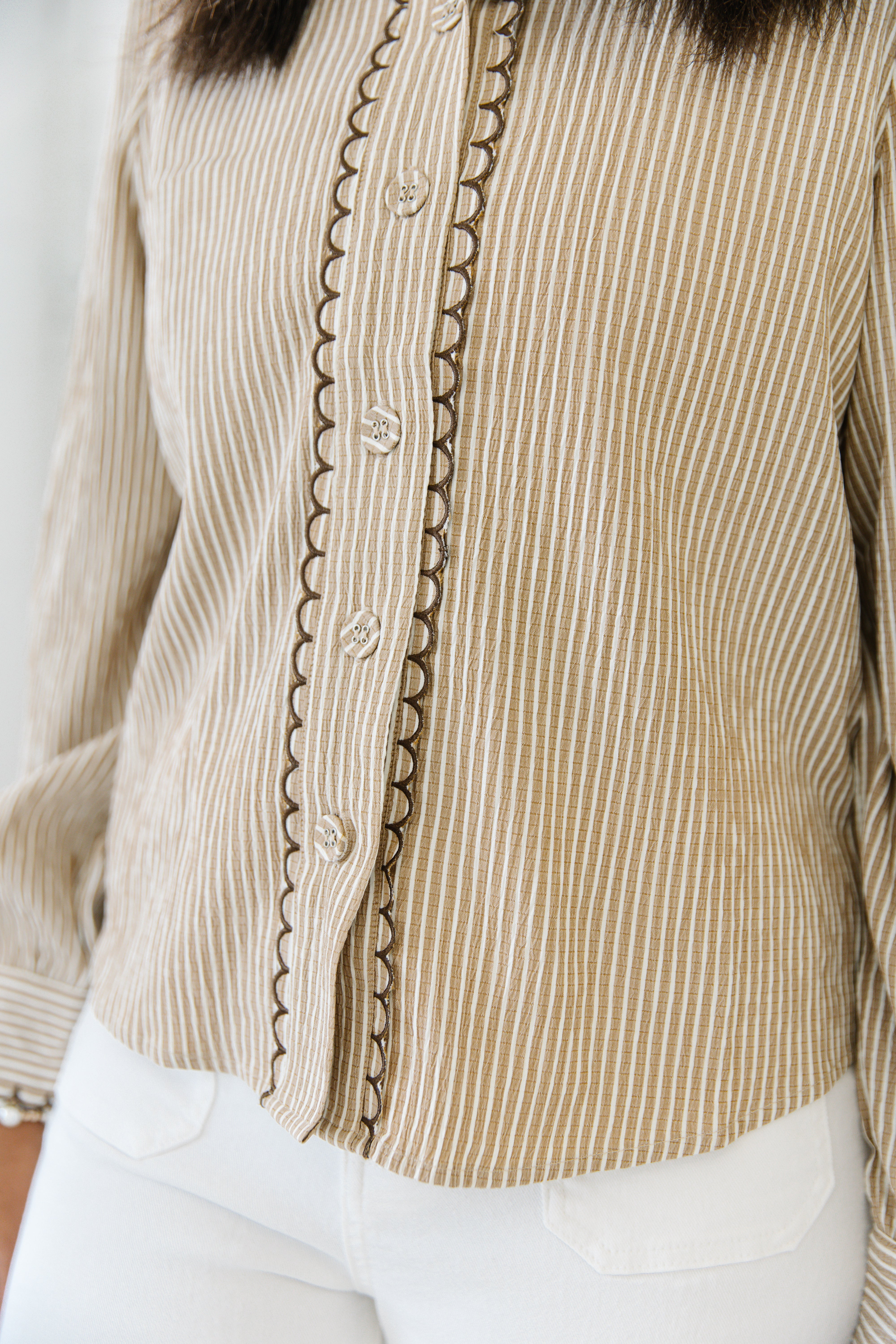 Sunday Stroll Pin Stripe Blouse | Taupe/ivory