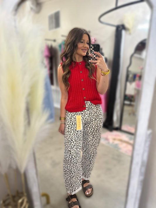 Cream Leopard Barrel Risen Jeans