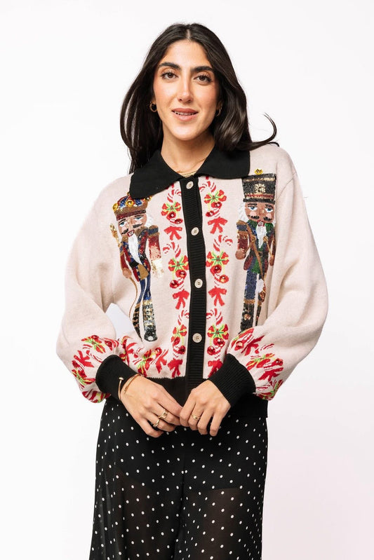 Nutcracker & candy cane button up collared Queen of sparkles cardigan