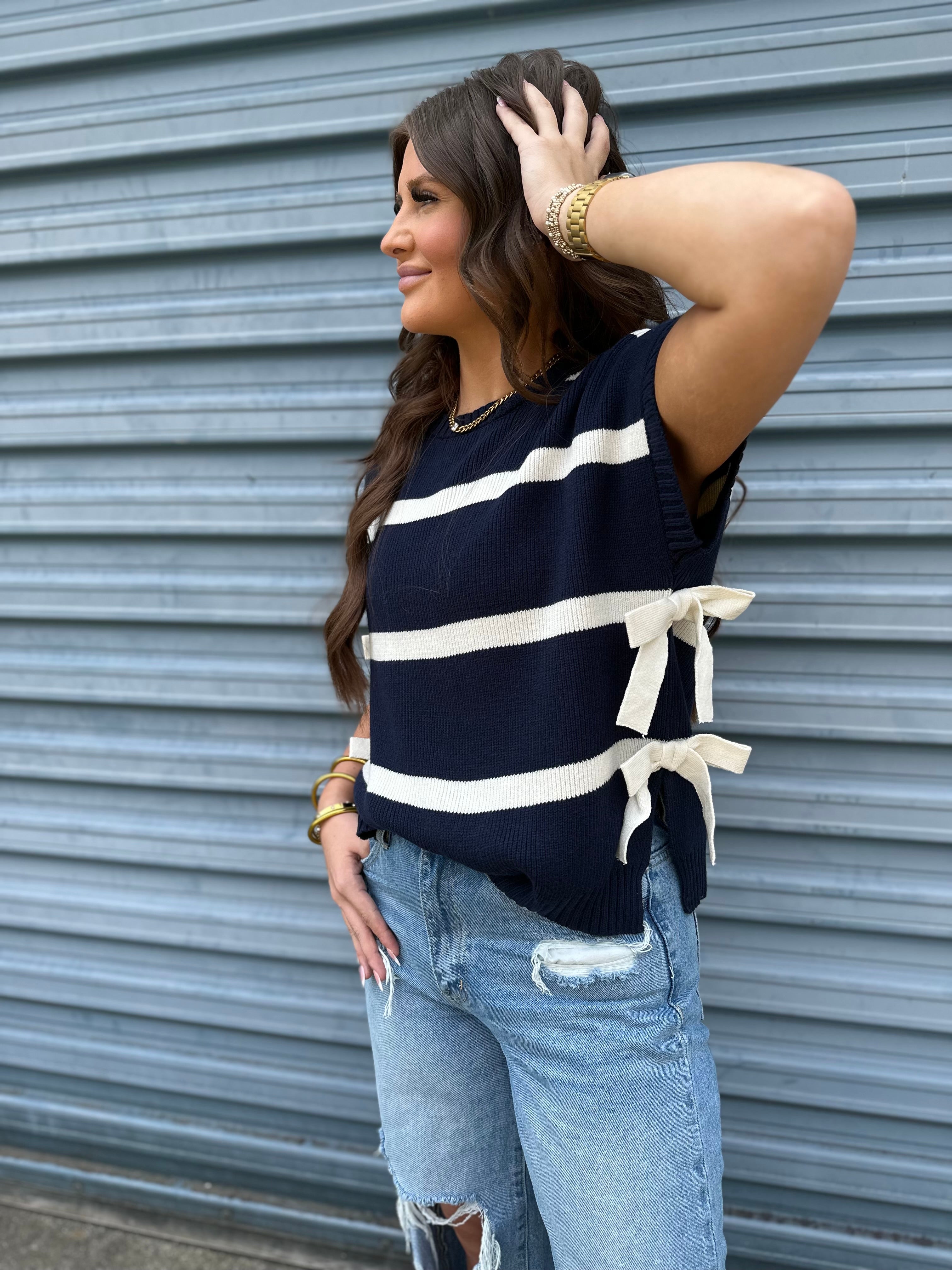Striped Sleeveless Bow Sweater