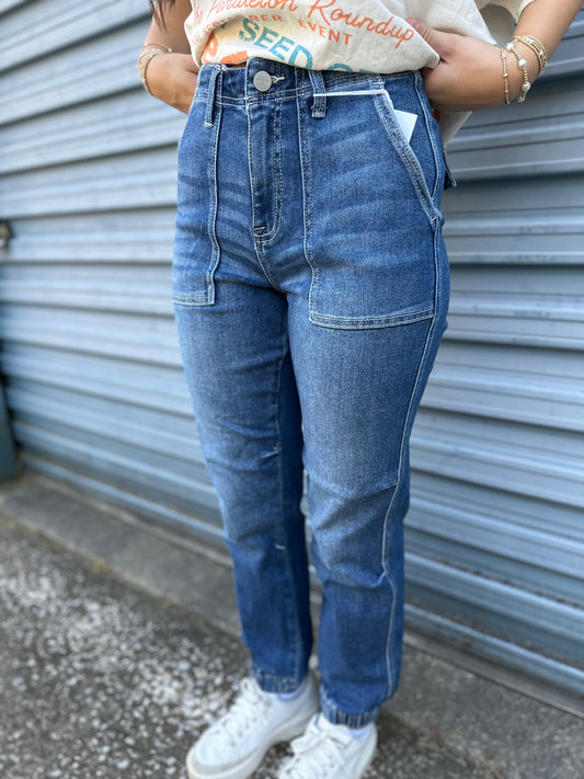 Risen high rise denim ankle jogger